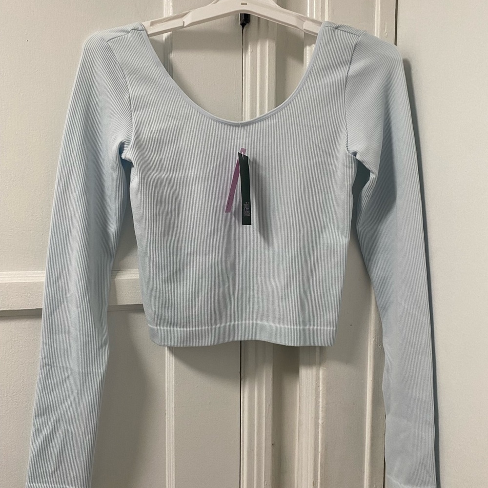 wild fable Light Blue Ribbed Scoop Neck Long-Sleeve Top